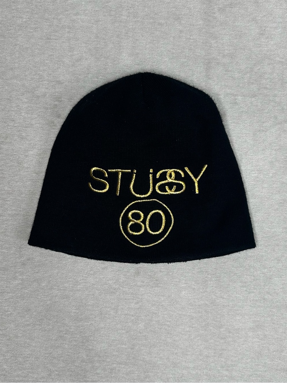 Stussy Black Beanie with Gold '80' Logo Embroidery